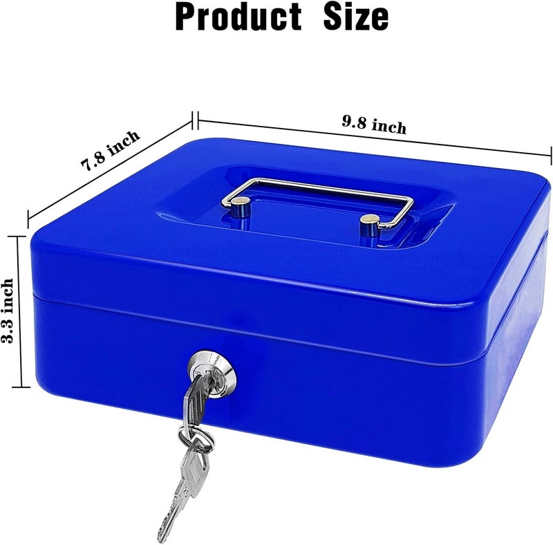 PACOLO Steel Cash Box with Key Lock, Metal Small Money Organizer with Money Tray,Cash Storage Box with Lockable Cover (Blue - 10 inch) - Image 2